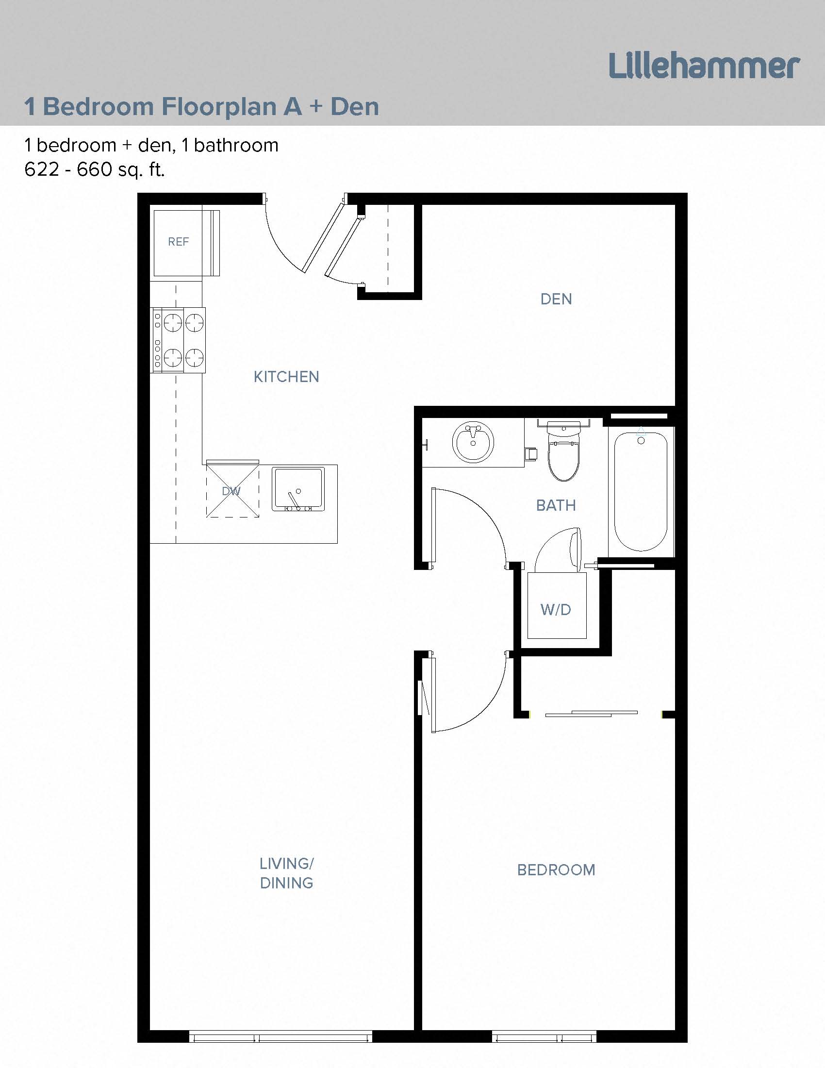 Floor plan for 1 bed, 1 bath, 656 sqft
